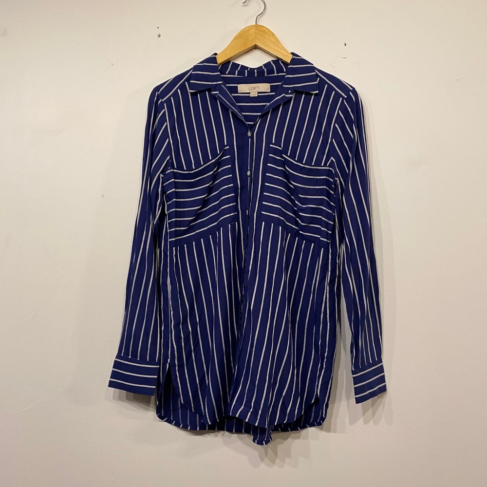 LOFT Navy Blue White Striped Button Down Shirt Long Sleeve Pockets Small